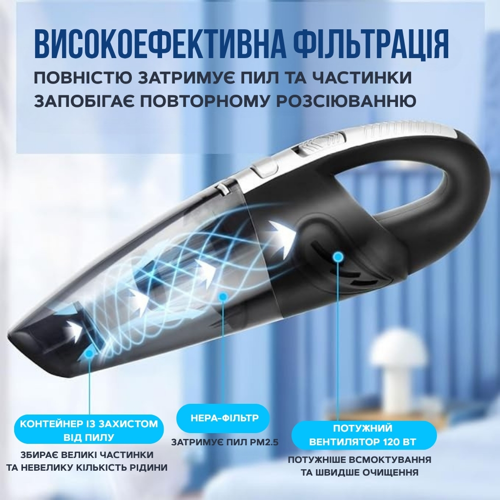 Компактний пилосос для автомобіля з USB-зарядкою та насадками